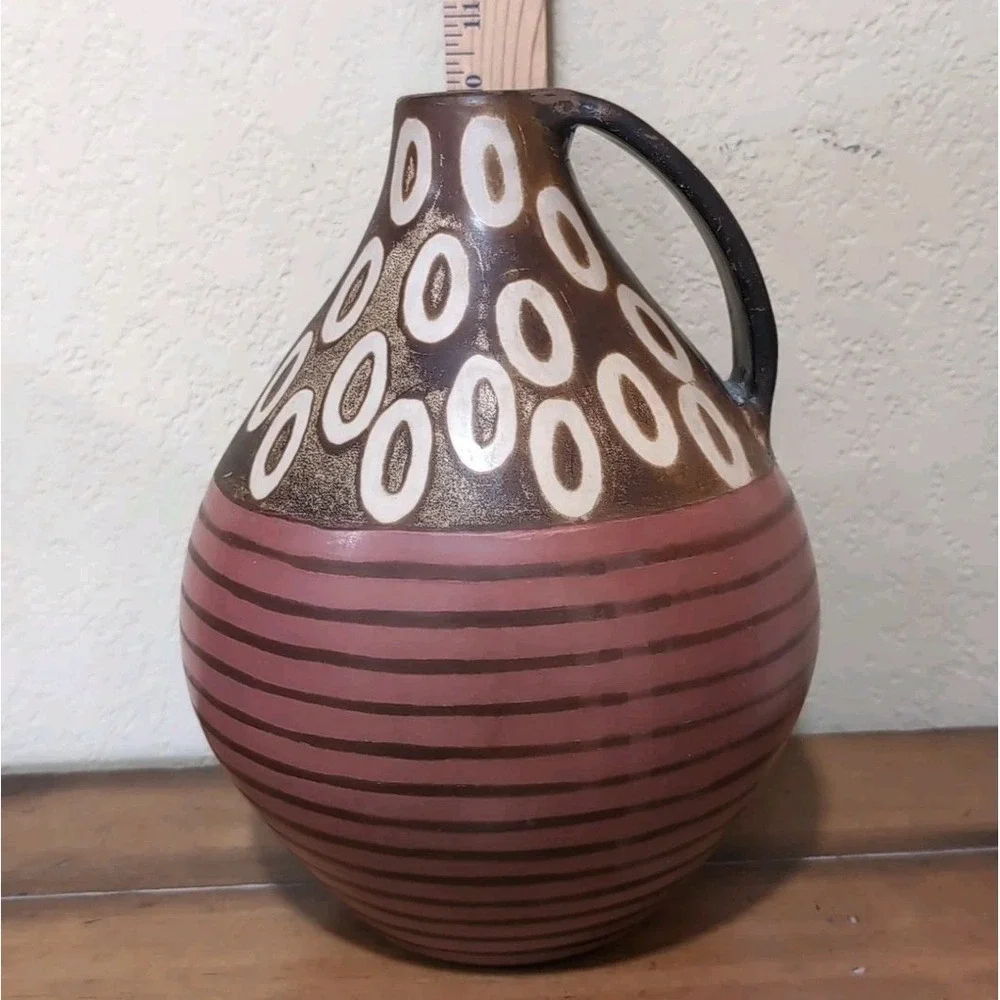 VTG Alex Calle Pottery‎ Jug Vase Signed Brown Geometric Modernist Peru Folk Art